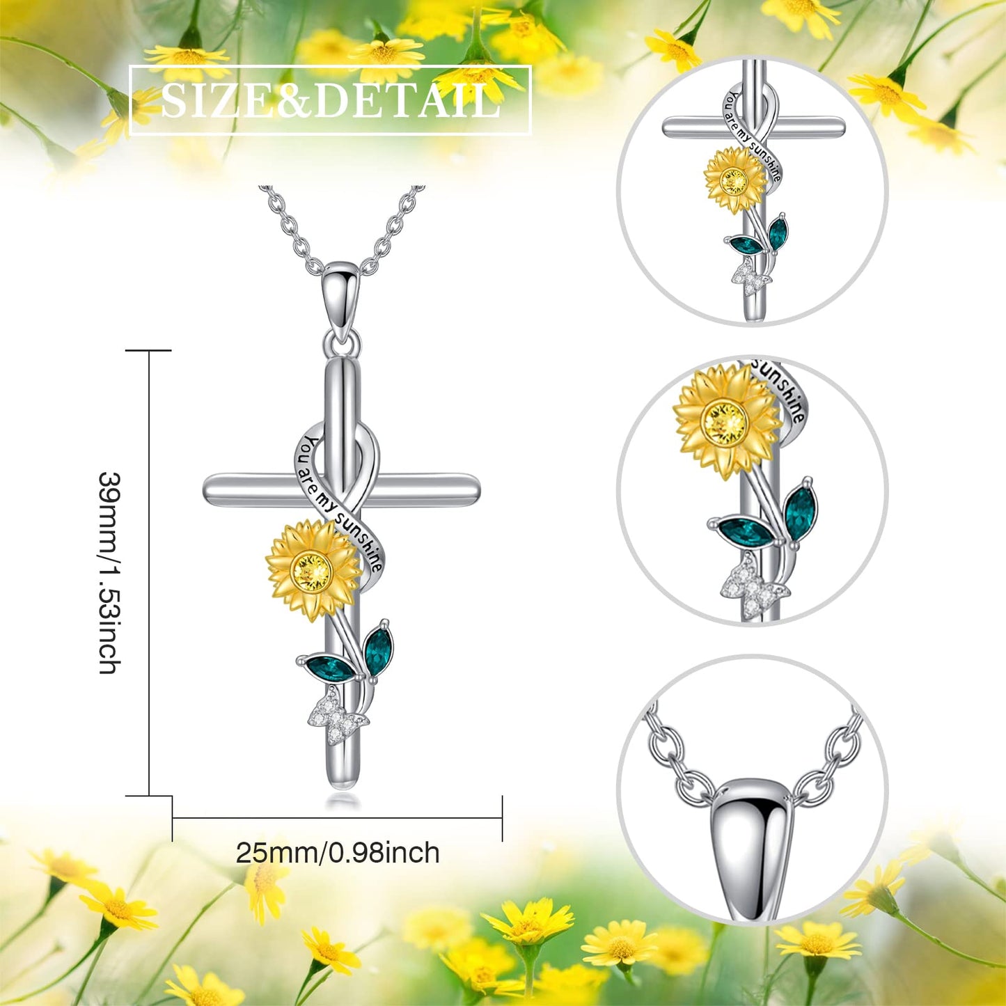 Flpruy Sunflower Necklace for Women 925 Sterling Silver Sunflower Cross Pendant Necklace You Are My Sunshine Necklace Sunflower Jewelry Gifts for Mom Wife Sister