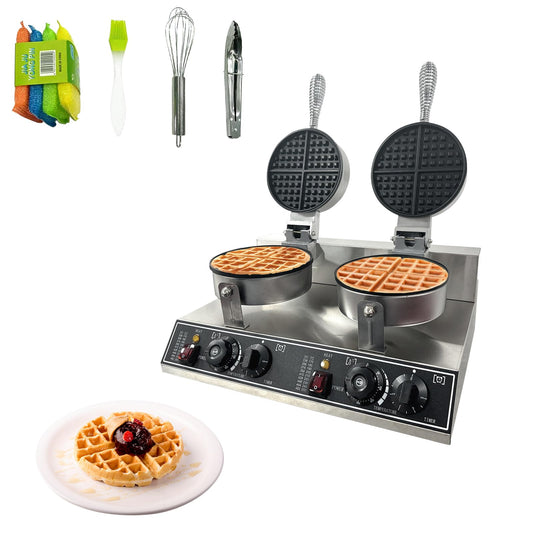 Commercial Waffle Maker Machine, 110V 2400 W Staninless Steel Waffle Iron, Double Head Nonstick Waffle Maker for Home Cafe and Restaurant