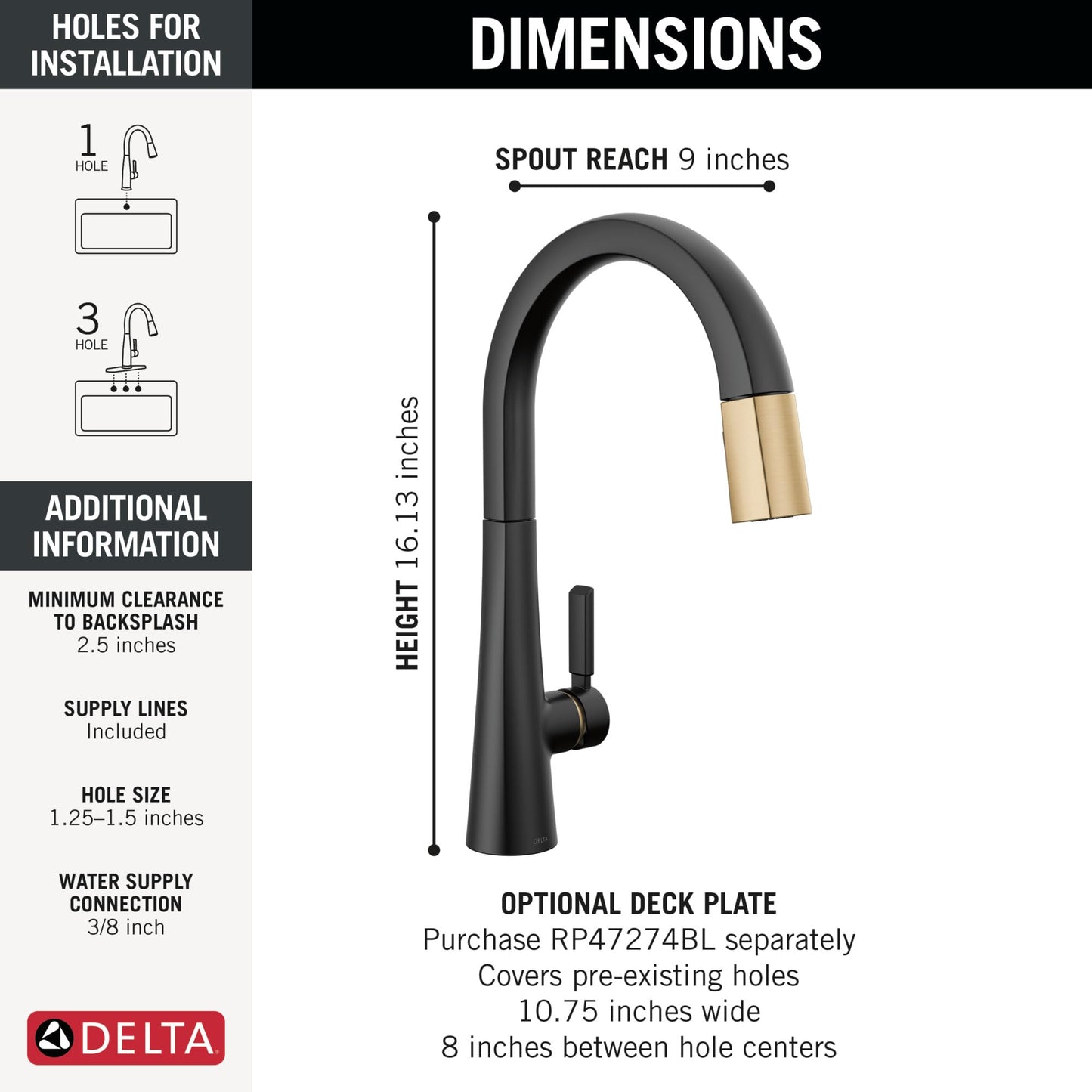 Delta Monrovia Matte Black/Brushed Gold Kitchen Faucet with Pull Down Sprayer, Modern Single Hole Kitchen Sink Faucet, Single Handle, Matte Black/Champagne Bronze 9191-GZ-DST