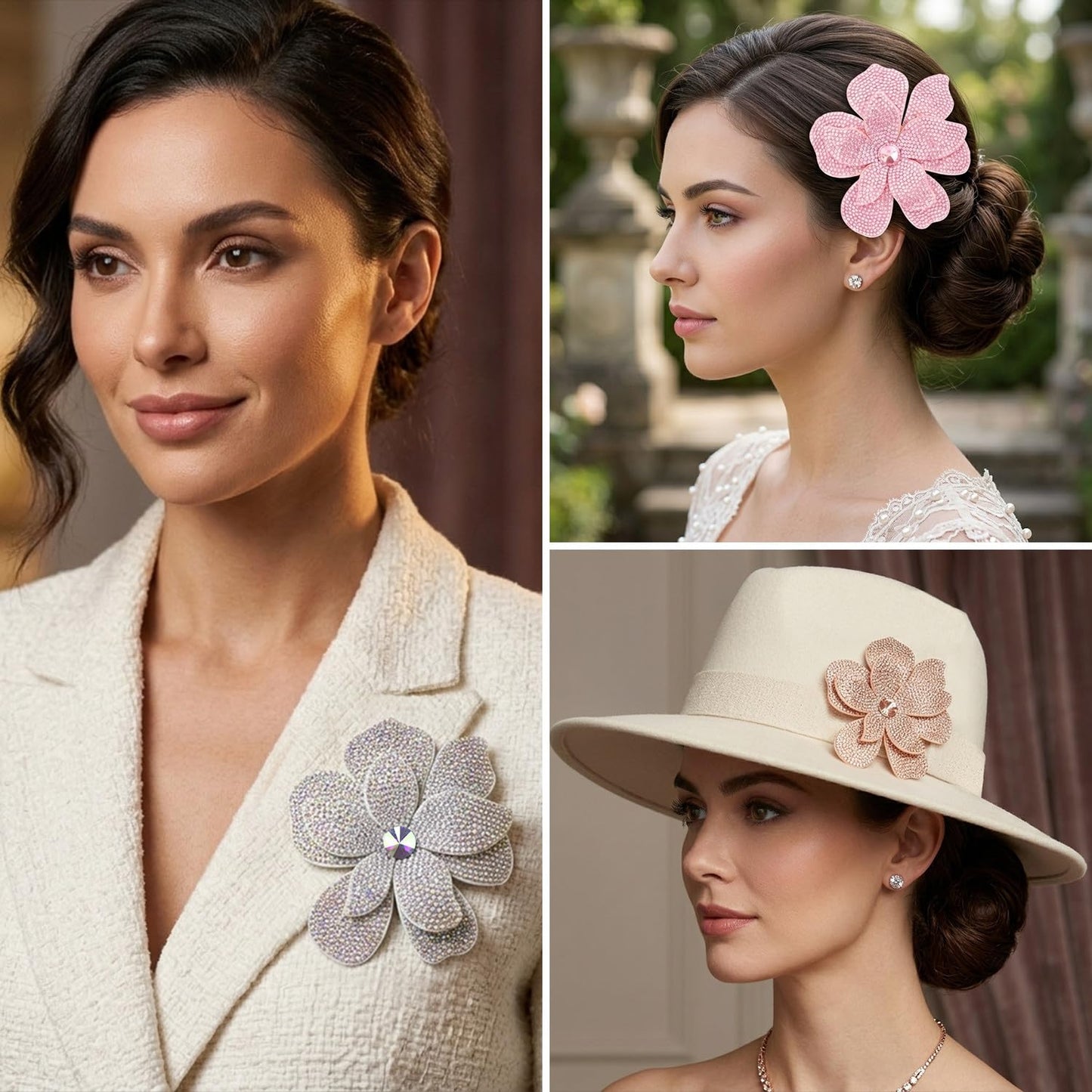 3.74 Inch Camellia Flower Hair Clips & Brooch Pins for Women | Crystal Camellia Hair Accessories, Hair Clip & Lapel Pin Design | Elegant Crystal Jewelry & Hair Accessories - (6-Pack)