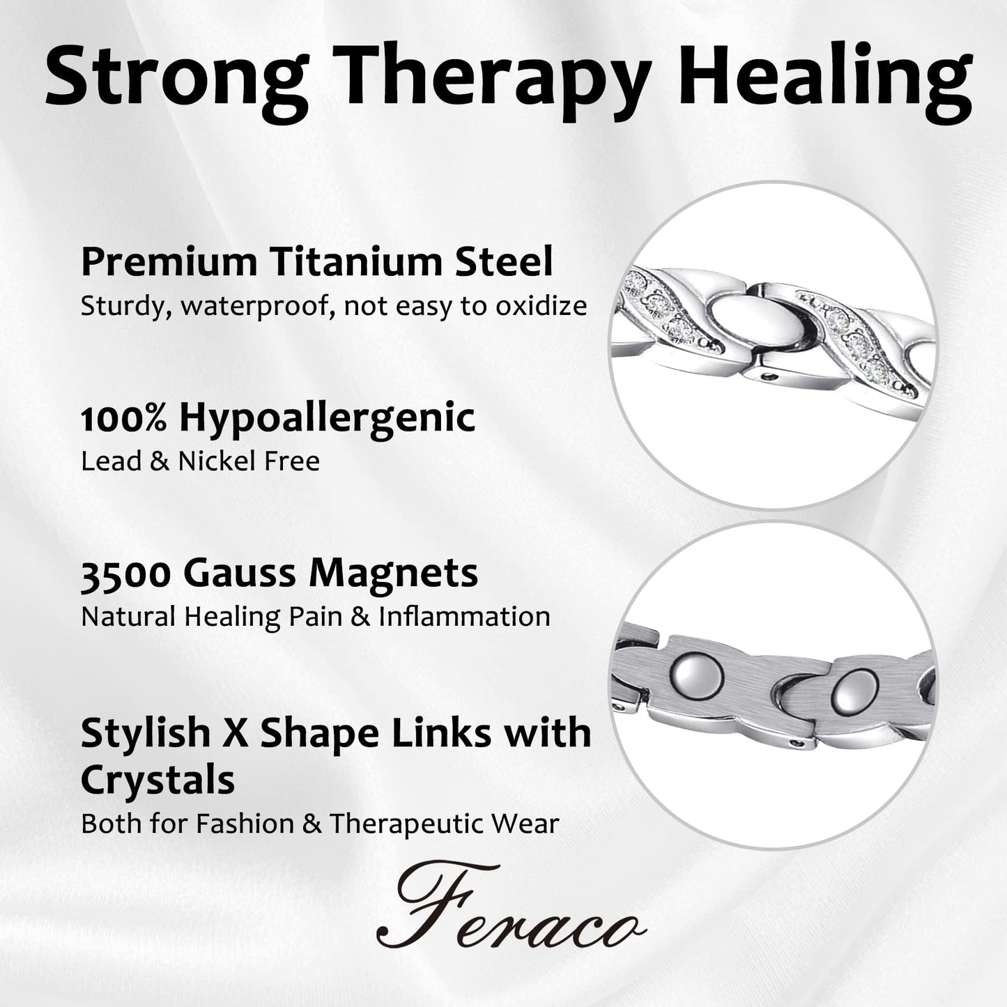 Feraco Magnetic Bracelets for Women Titanium Steel Bracelet with Ultra Strength Magnets & Sparkling Crystals Gifts for Women (Silver)