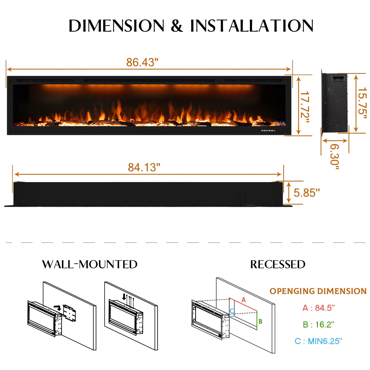 Dreamflame 86 inch Electric Fireplace, Smart Fireplace Insert recessed in Wall and Wall Mounted fire Place Heater with Metal Frame, Multicolor Flame & Realistic logs，Thermostat& Timer, 1500W, Black