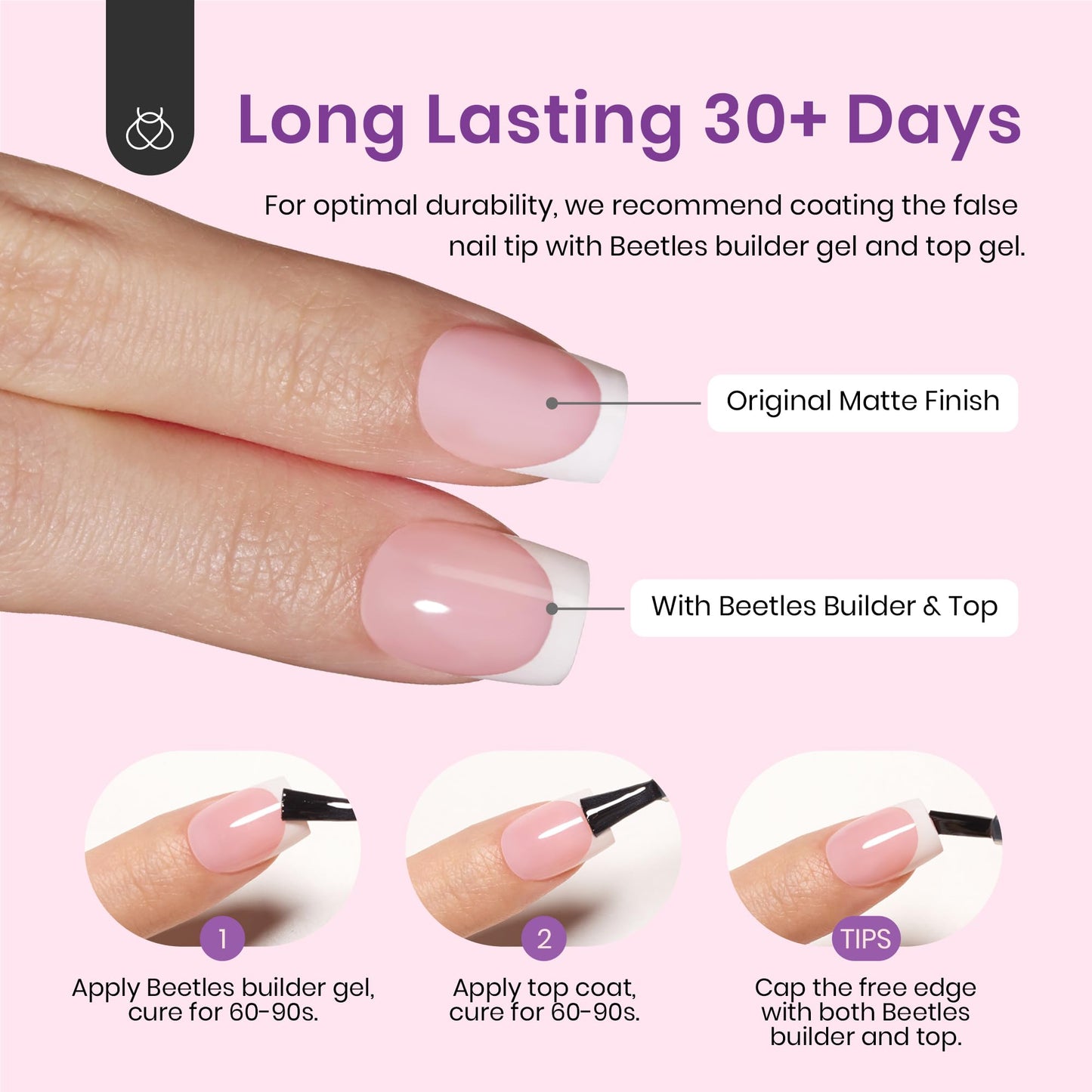 Beetles French Tip Press On Nails: 150 Pcs Pink Short Square Press On Nails 4 in 1 Nail Tips, Pre-Applied Primer & Base Coat, No File Need DIY Manicure for Nail Extension Gifts for Women