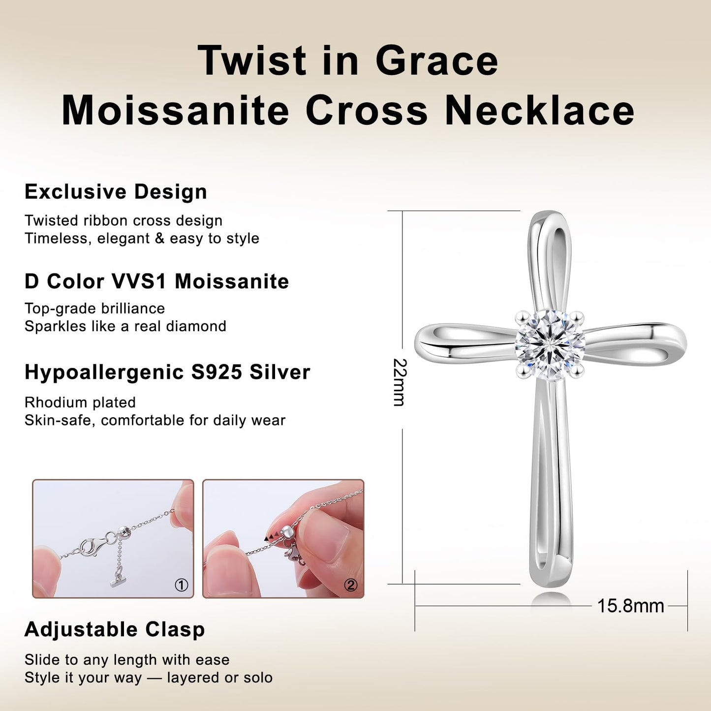 KRKC&CO Moissanite Cross Necklace for Women: D Color VVS1 0,3ct, 925 Vermeil Sterling Silver, Hypoallergenic Petite Pendant, Luxury Gifts for Birthday Anniversary Wedding, Gift Box with Handles