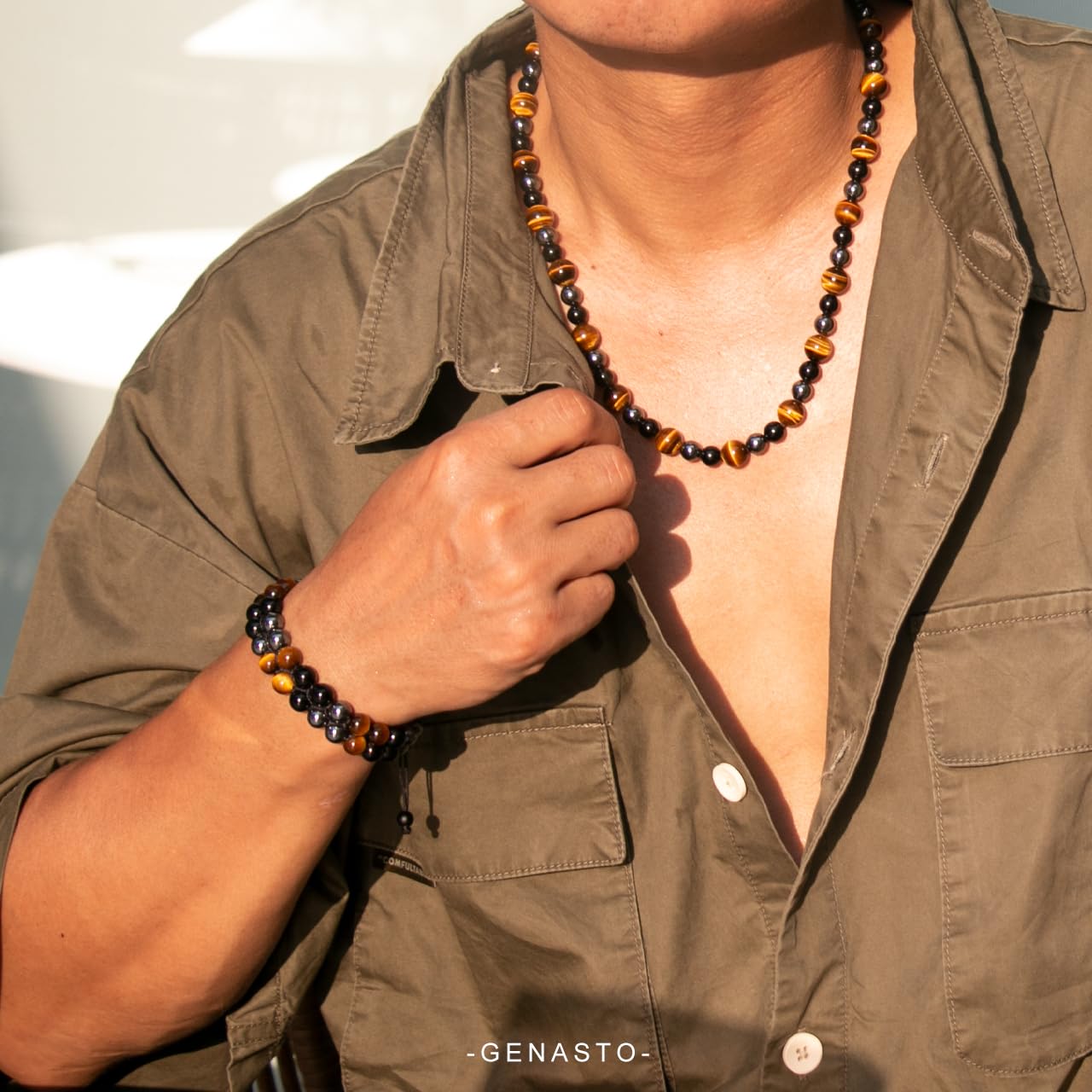 GENASTO Healing Crystal Black Obsidian Tiger Eye and Hematite Beads Necklace Triple Protection Necklace Unique Ideas Men Necklaces Jewelry Gifts for Men for Stress Relief and Balance