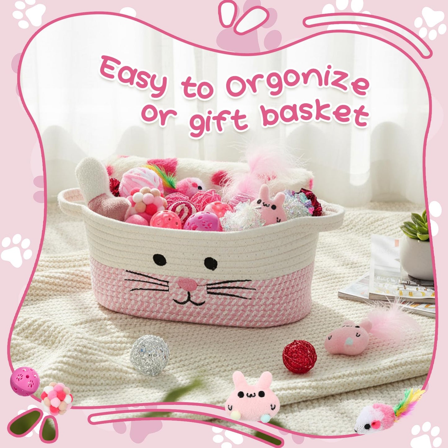 Zopeal Mother’s Day Cat Toy Set Interactive Cat Toys Pack Including Feather Teaser Wand Plush Gift Outfit Mice Crinkle Balls and Pet Bell Balls, Puzzle for Indoor Cats Gift Basket for Kitten(Pink)