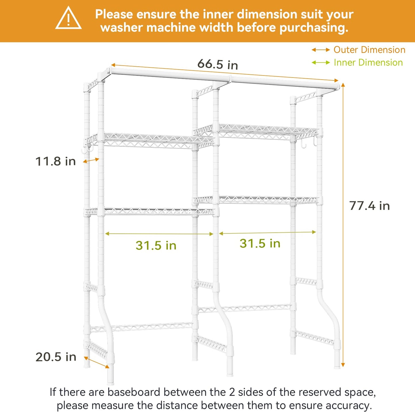 ULIFHOME U14 Over Washer and Dryer Storage Shelves, 4 Tiers Laundry Room Storage and Organizer System, Space Saving Clothes Drying Rack with 2 Clothes Hanger Rods, 66.5" W x 20.5" D x 77.4" H, White
