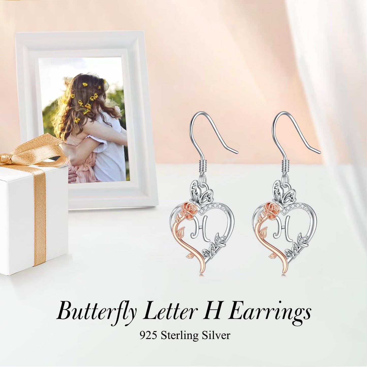 TOUPOP Rose Heart Initial Earrings Sterling Silver Butterfly Earring Initial H Letter Drop Dangle Earrings Jewelry Anniversary Birthday Mothers Day Gifts for Women Mom Wife Girlfriend Her