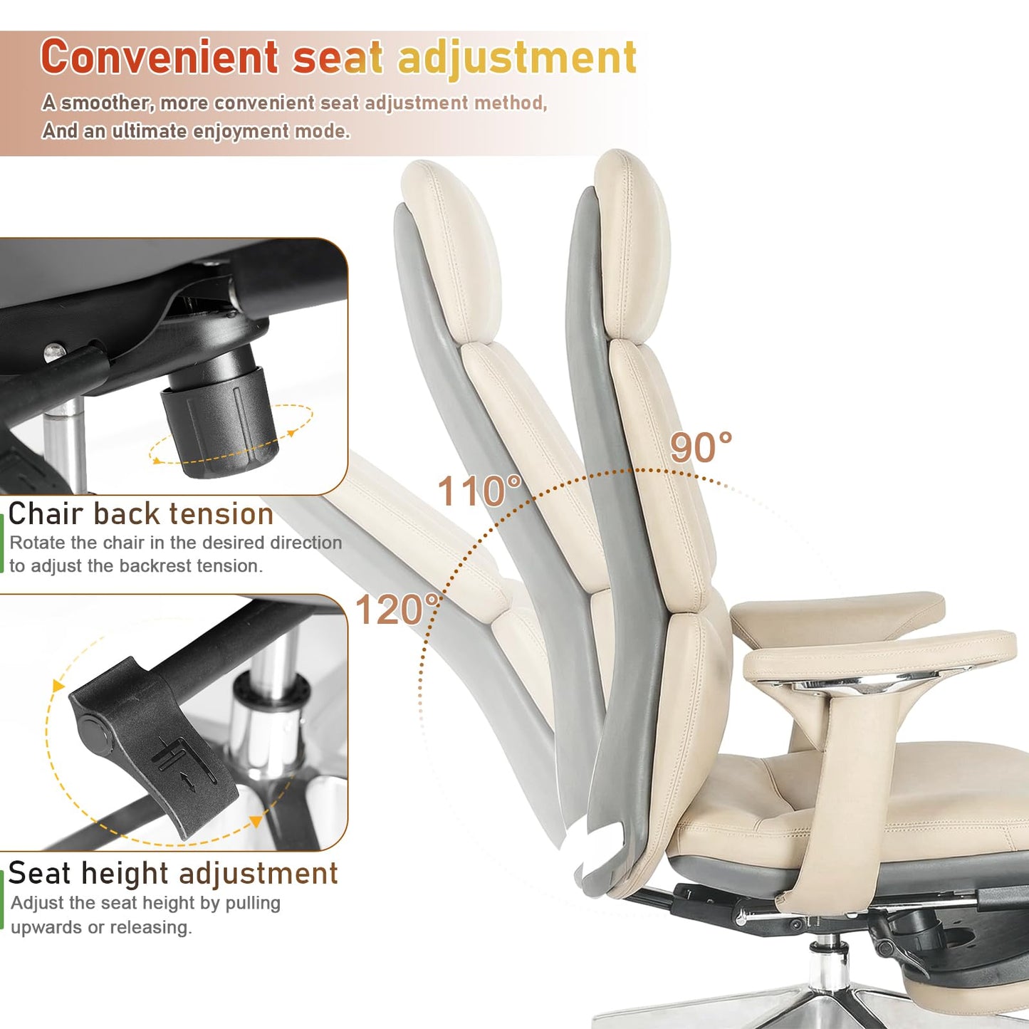 FurniBaron Genuine Leather Office Chair with Flexible Footrest, High Back Executive Office Chair with Lumbar Support, Adjustable Tilt Mechanism, Weight Capacity 400 lbs (White)