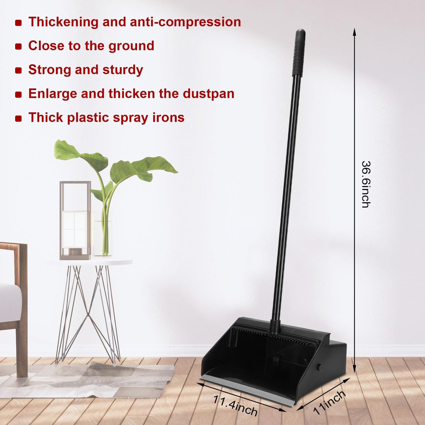 Leumoi 8 Pcs Dust Pans with Long Handle Set 36.6 Inch Commercial Dust Pan with Comb Large Plastic Stand up DustPans for Outdoor Indoor Restaurant Home Office Floor Cleaning (Black)