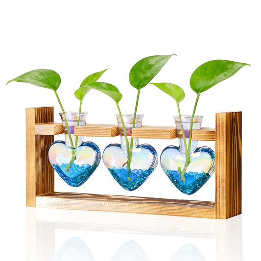 Nacome Plant Terrarium Propagation Stations: Mothers Day Gifts for Mom Plant Lovers Women Wife Daughter - 3 Bulb Glass Vase with Wooden Stand Tabletop for Hydroponics Home Garden Decor(Iridescent)