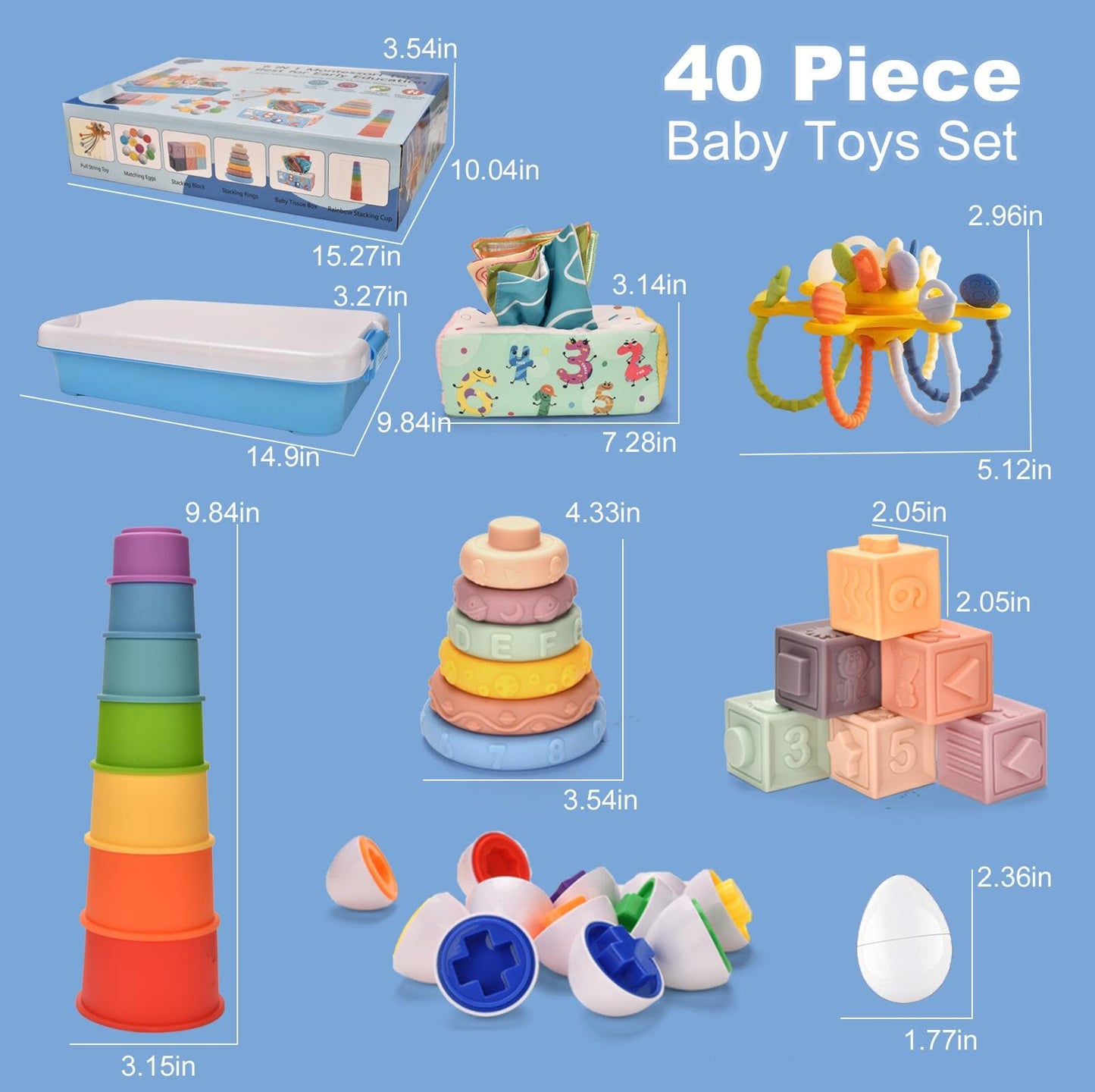 Baby Toys 6-12 Months,Montessori Toys for 6-9-12 Month old,6-in-1 Sensory Toys Stacking Cups Building Blocks,Teething Pull String,Tissue Box Toys for Babies 6-9-12,18-24 Months,1-3 Year old Baby Gifts