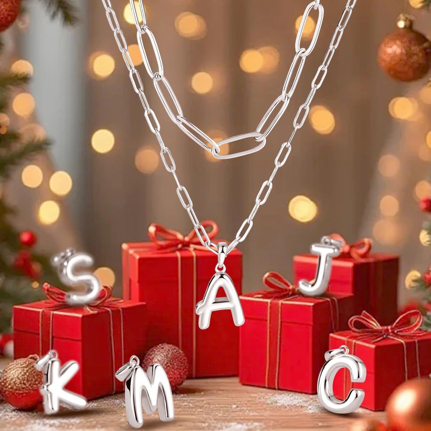 adoyi Silver Initial Necklace for Women 14k Gold Plated Layered Bubble Letter Necklaces Trendy Jewelry Chain Name L Pendant Necklace Stack Birthday Valentines Gifts