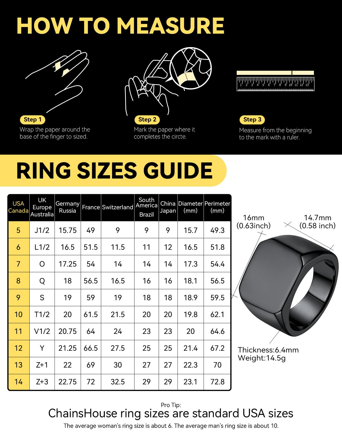 ChainsHouse Black Signet Rings for Men Women Solid Polished Stainless Steel Biker Ring Gift for Dad Size 13