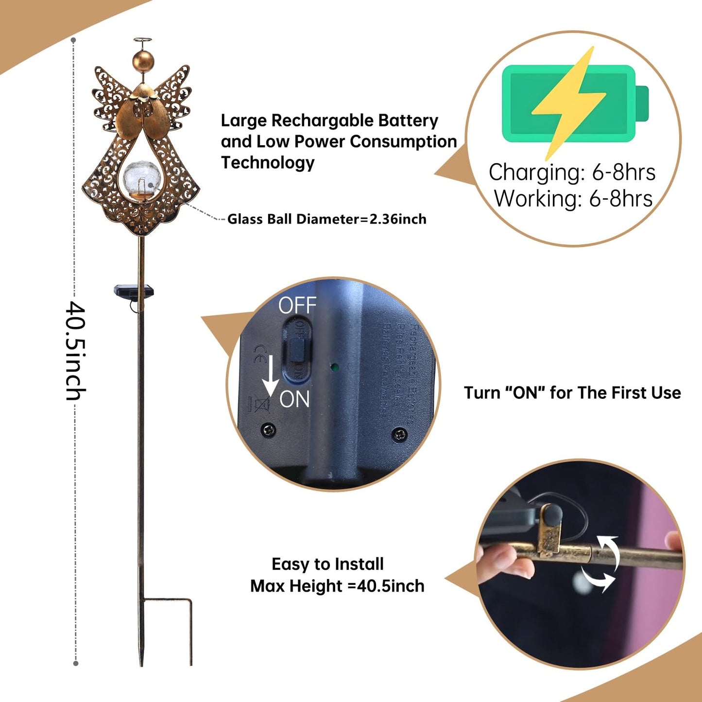 Starryfill Angel Stake Solar Lights with Crackle Glass Globe Waterproof Warm White LED, 40.5 inches Height Metal Bronze Stake Garden Patio Art Decor, Memorial Gift for Mom Women or Friends