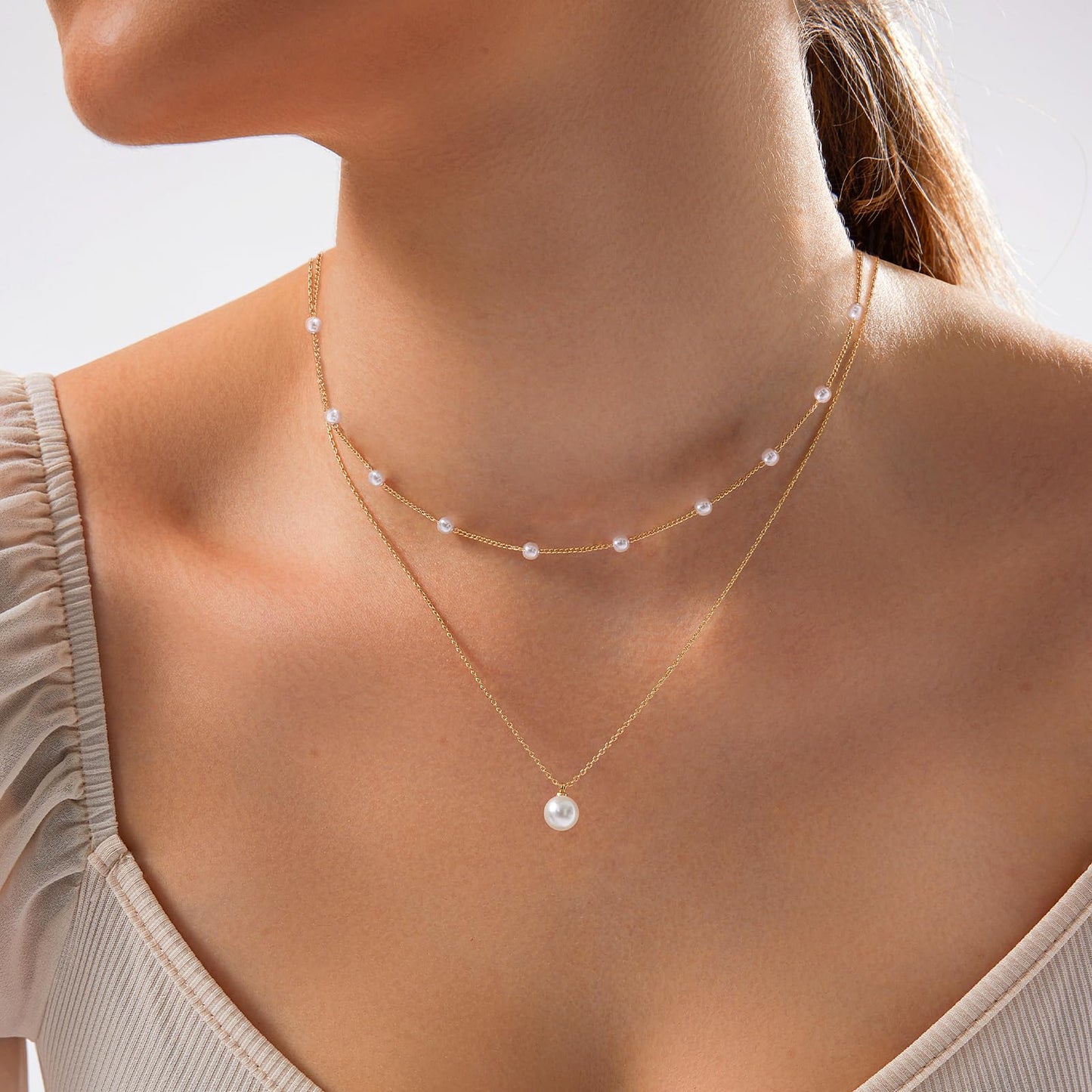 Zeffy Layered Gold Pearl Necklaces for Women 14K Gold Plated Dainty Layered Tiny Single Pearl Choker Trendy Cute Gold Necklace Stack Wedding Jewelry Sets for Women Bridesmaid Gifts 2PCS