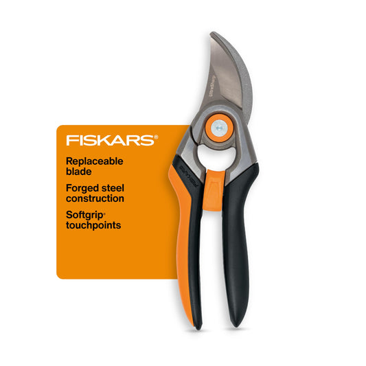 Fiskars Bypass Pruning Shears, 1" Cut Capacity Gardening Scissors, Forged Steel Replaceable Blade, SoftGrip Handle Garden Clippers, Rust Resistant Low Friction Coating for Branches & Stems