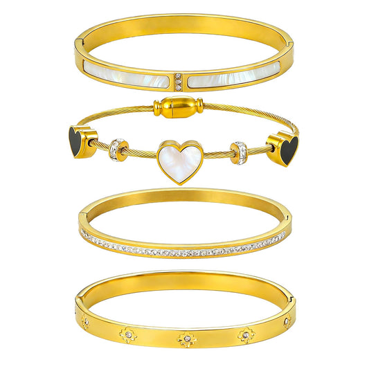 Women's 18K Gold Plated Stainless Steel Bracelet Set (6cm/2.3inch) - Waterproof Delicate Stackable Bangle Set with Mother of Pearl, Heart Design & Cubic Zirconia for Women Jewelry Gifts (4pcs Bracelet Set A)