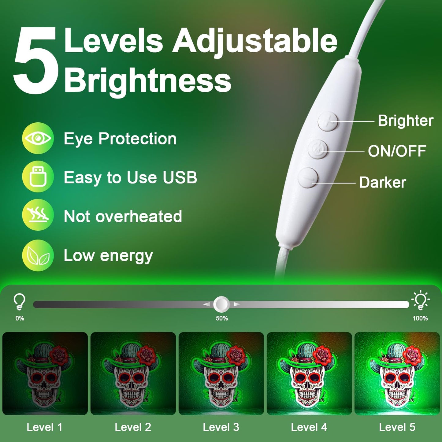 Sneignon Day of the Dead Neon Sign - Mexican Sugar Skull LED Neon Light for Home & Bar Decor,UV Printed Art with Flexible LED Strip,Halloween & Día de Muertos Party Decoration（green)