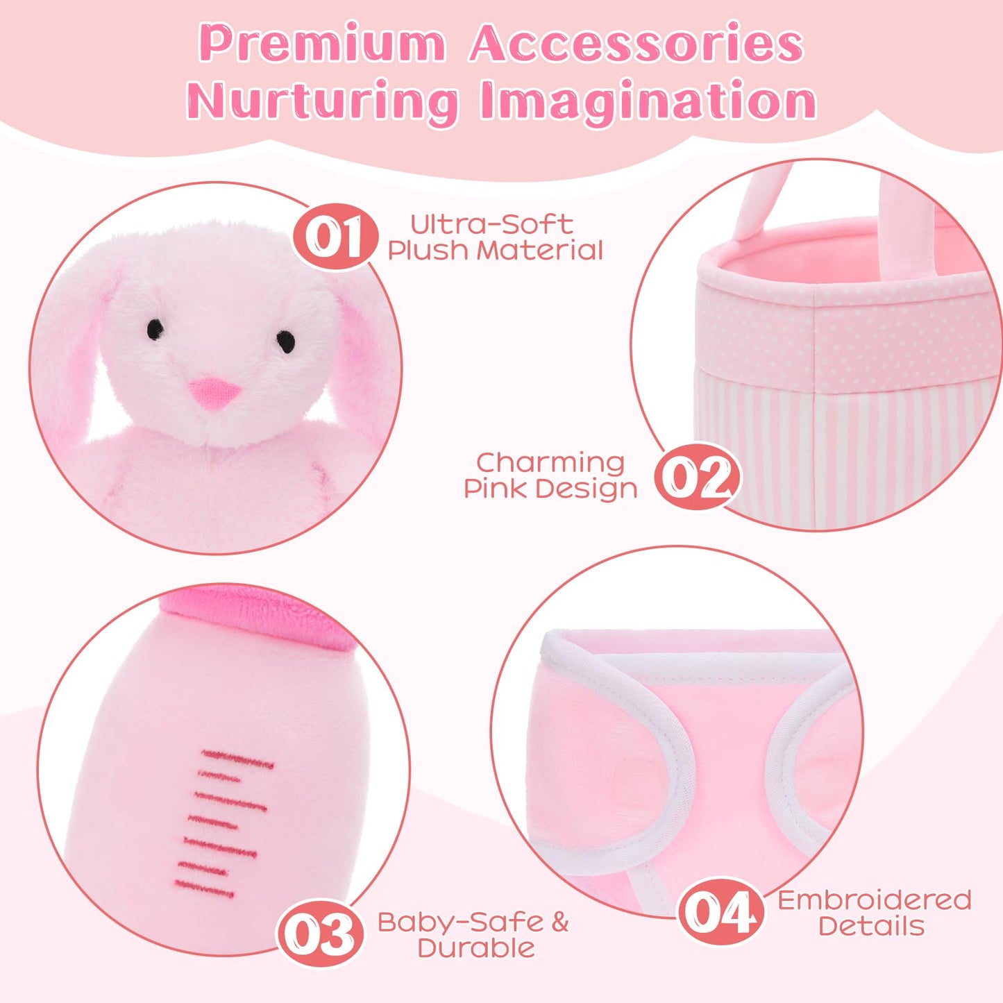 MaoGoLan 5pcs Baby Bunny Doll Set Bunny Plush Toys for Girls Kids, Pink Bunny Stuffed Animal with Doll Accessories (Bassinet/Diaper/Bottle/Blanket), Pretend Play Toys, Gift for Little Girls