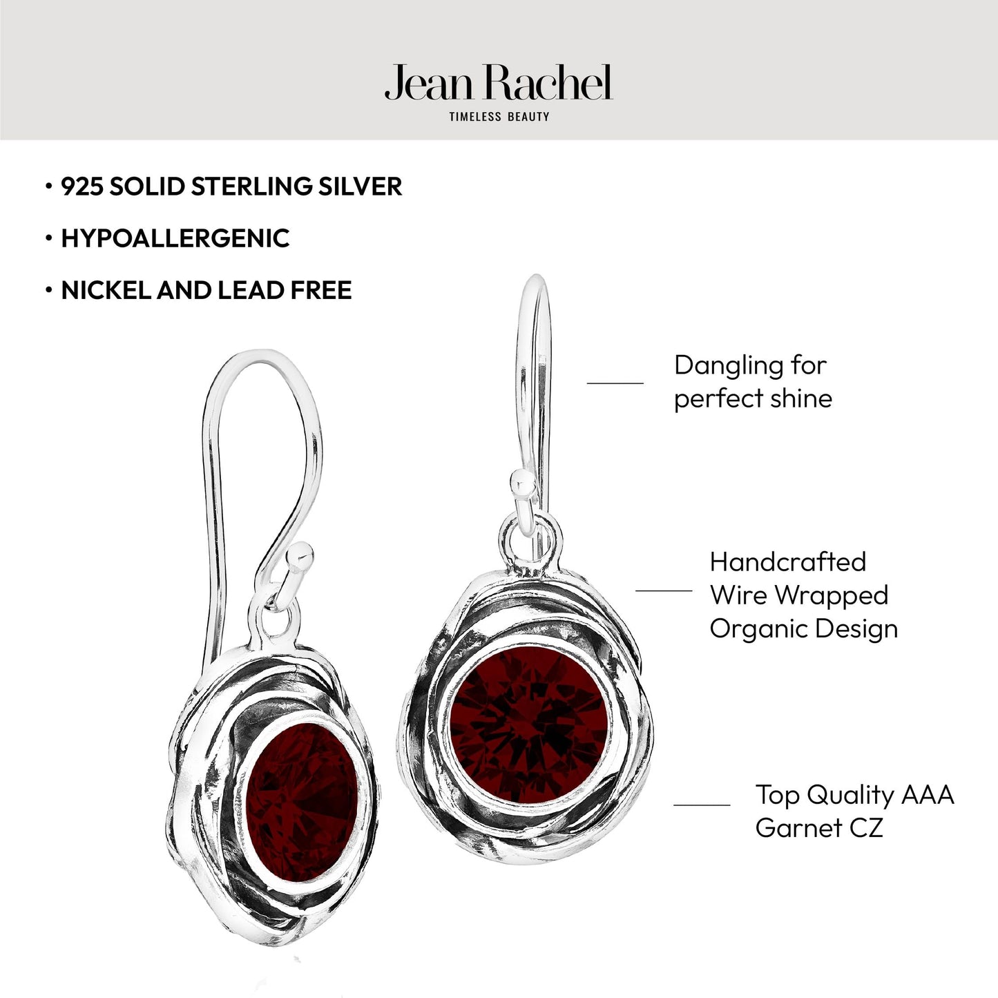 JEAN RACHEL JEWELRY 925 Sterling Silver Dangle Earrings for Women-Wire Wrap with Bezel Set Cubic Zirconia Vintage Design-Hypoallergenic,Lead&Nickel Free-Artisan Handcrafted Statement Earrings,Garnet