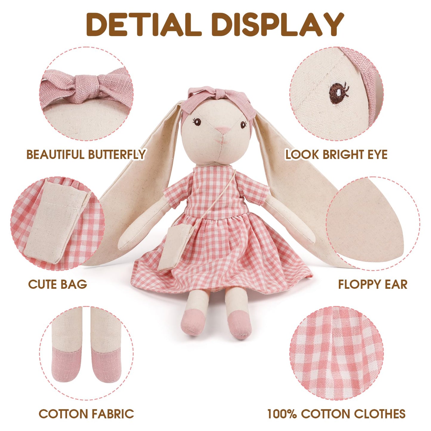 Mikee Fluffie 15" Bunny Stuffed Animal for Girls, Plush Toy Doll -Wearing Pink Plaid Dress,Cute Doll Set Dress Up for 3 4 5 Year Old Girl - Gift for Little Girl, Birthday, Easter,Christmas