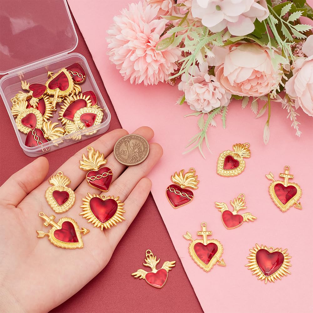 UNICRAFTALE 20Pcs 5 Styles Heart Charm Alloy Enamel Pendants Golden Sacred Heart Charm Red Heart Thistles Thorns Fancy Enamel Charm for Jewelry Making Charms Valentine's Day DIY Crafts Supplies