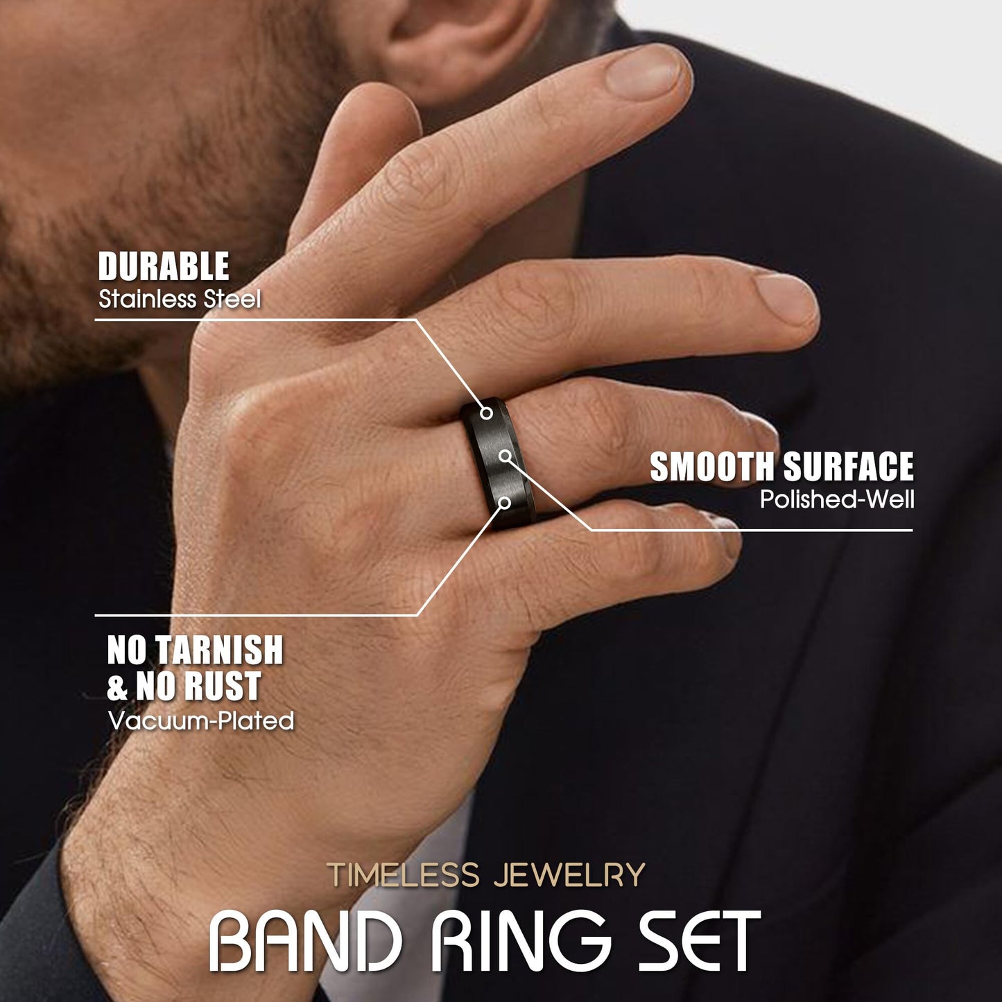 Jstyle Stainless Steel Rings for Men Women 8MM Wedding Band Rings Matte Surface - Beveled Polished Edge Mens Ring Size 7.5 Black Ring for Men