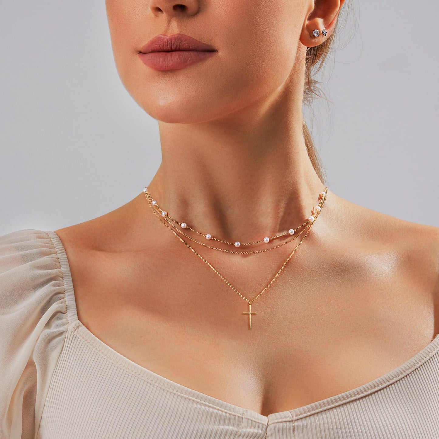 HAXIYA Cross Necklace for Women Layered 14K Gold Plated Cross Chain Dainty Pearl Cross Choker Necklace Set Trendy Necklaces Stack Non Tarnish Crucifix Pendant Gift for Women