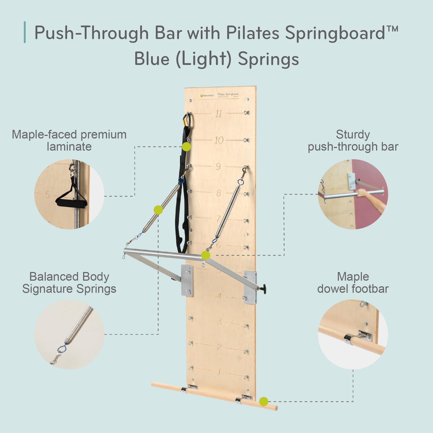 Balanced Body Pilates Springboard and Push-Through Bar, Wall-Mounted Pilates Workout Equipment for Home Gym or Studio Use, Pilates Exercise Equipment with Light Resistance Springs