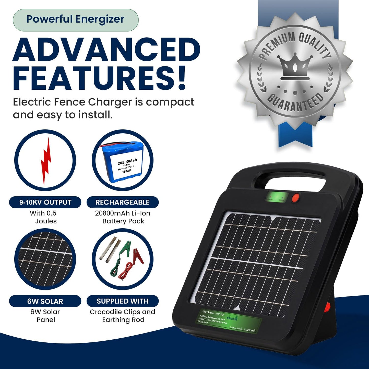My Animal Command Solar Powered Electric Fence Charger 0.5 Joules Output (9-10KV) with Lithium Battery Energizer Containment & Protection of Livestock Horses Cattle Sheep Pets Easy Install