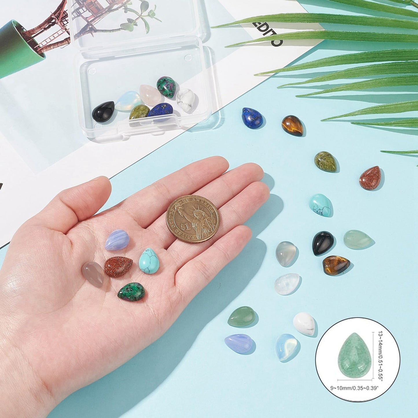 PH PandaHall 26pcs Teardrop Stone Cabochons 13 Colors Flat Stone Cabochons Natural Lazuli Rose Quartz Gemstone Gems Drop Crystal Cabochon for Earring Necklace Bracelet Jewelry Making 10x14mm
