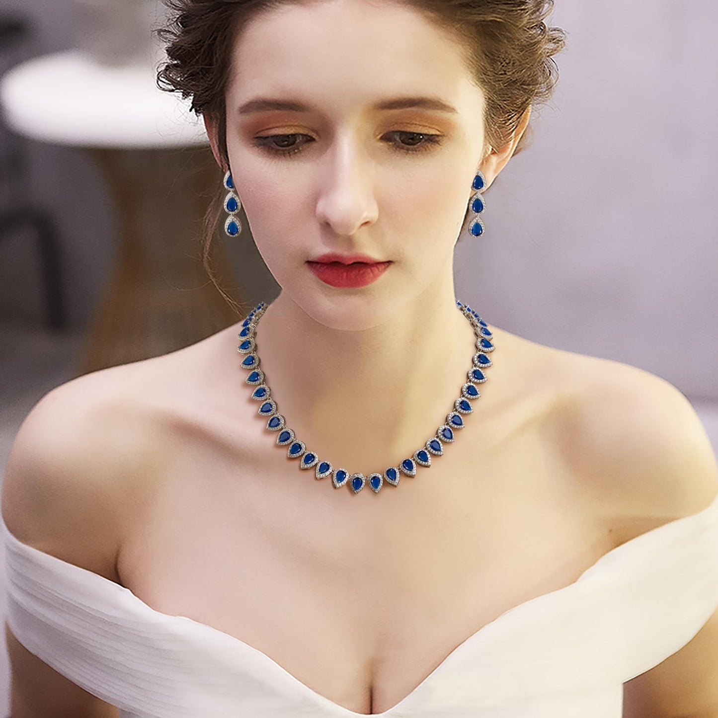 EleQueen Women's Wedding Bridal Full Prong Cubic Zirconia Sapphire Teardrop Necklace Earrings Set for Brides Bridesmaids Blue-Silver-Plated-Brass