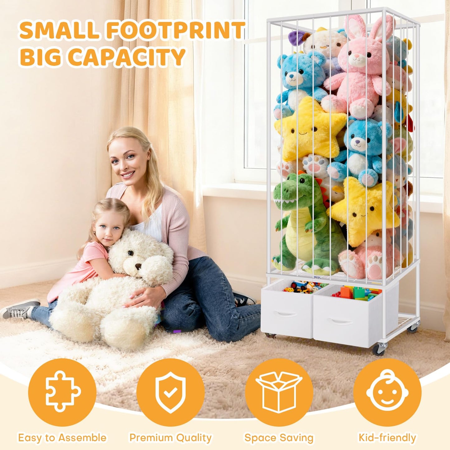 Stuffed Animal Storage - Large Stuffed Animal Zoo Holder with 2 Toy Bins - Plushies Storage with Elastic Band - Metal Plush Toy Organizer Brake Wheels Perfect for Toddler Rooms Playrooms Bedroom