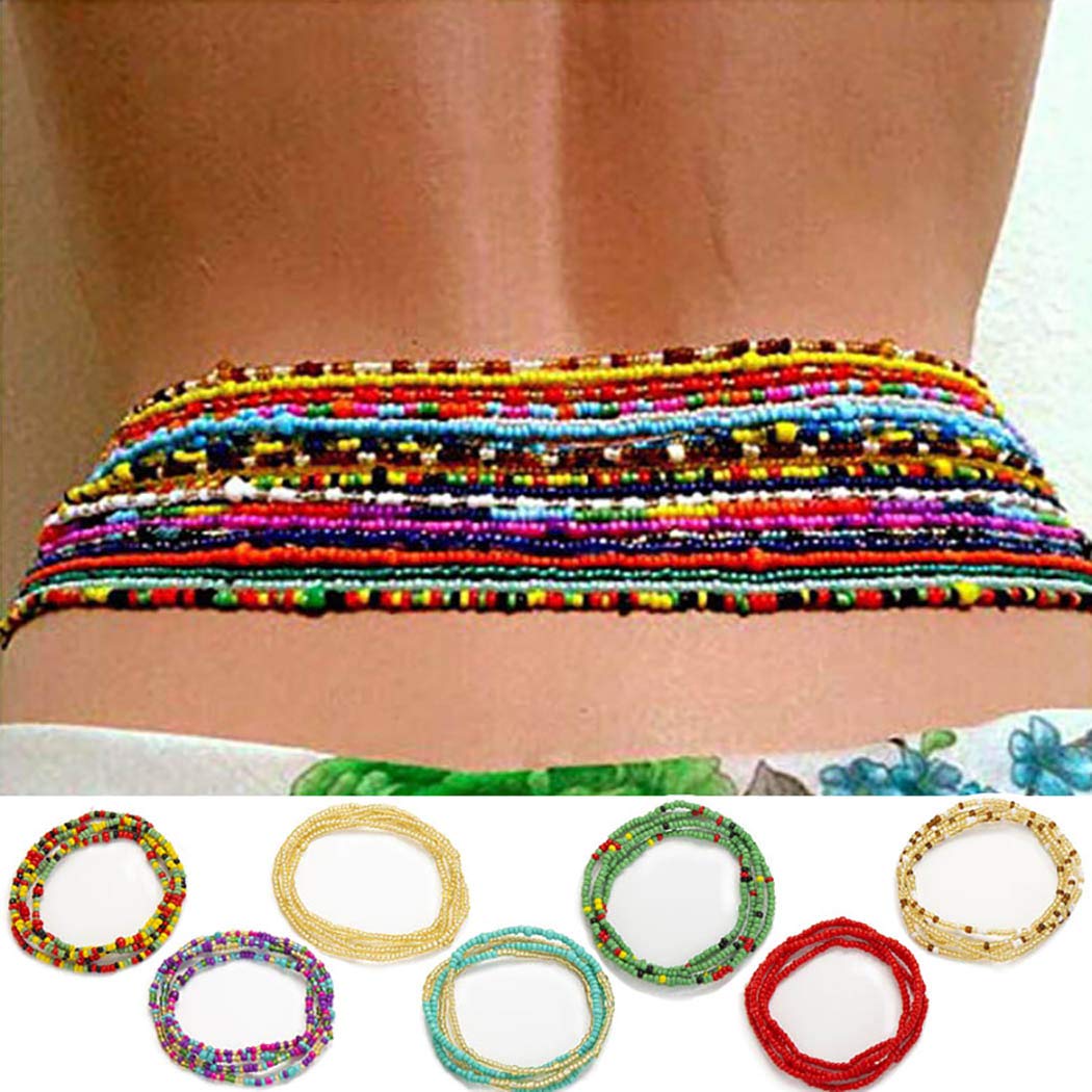 ELABEST Plus Size African Waist Beads Chain Layered Belly Body Chain Beach 7Pack Waist Jewelry Body Accessories for Women and Girls (43.3inch/110cm)