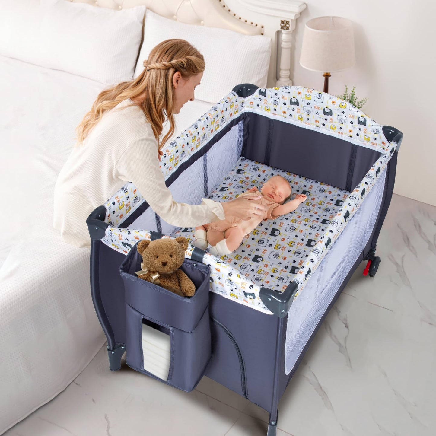 4 in 1 Pack and Play,Portable Nursery Center Baby Playard with Bassinet &Changing Table,Foldable Baby Crib Travel Playpen with Wheels,Removable Canopy with Toys,Storage Bag (Grey)