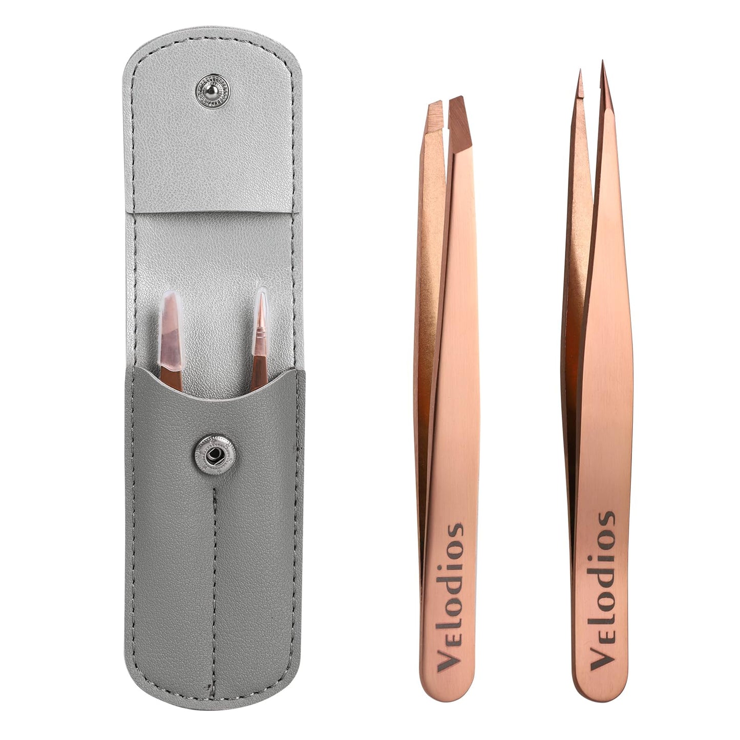 Velodios 2-Pack Precision Tweezers for Eyebrows, Facial Hair, Ingrown Hair Removal, Professional Stainless Steel Eyebrow Tweezers for Women and Men, Tweezer Set with PU Travel Case