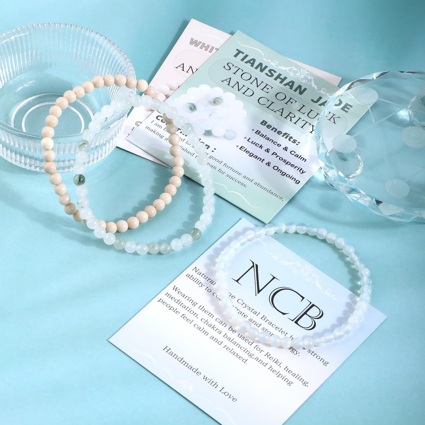 NCB 3-Piece 4mm Natural Crystal Gemstone Stretch Bracelets – ﻿Opalite, Tianshan Jade, White Fossil Jasper Handmade Reiki Energy Healing Jewelry for Meditation,Yoga, Unisex