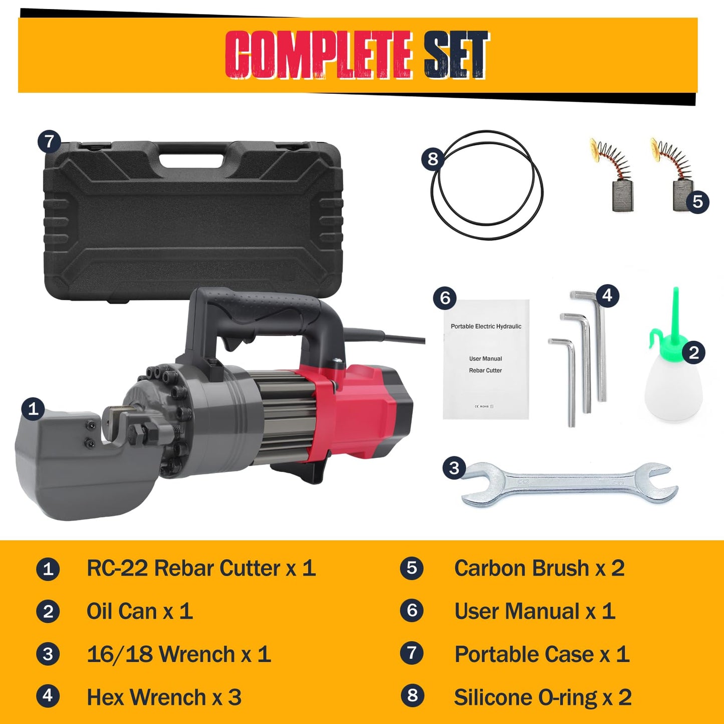 DEFIPRO 7/8 inch Electric Hydraulic Rebar Cutter 1400W, Portable Rebar Cutter 2-3s Cutting Speed Cuts 4-22mm #7 3/8" 5/8" up to 0.87" Rebar/Steel within 2-3s, RC-22