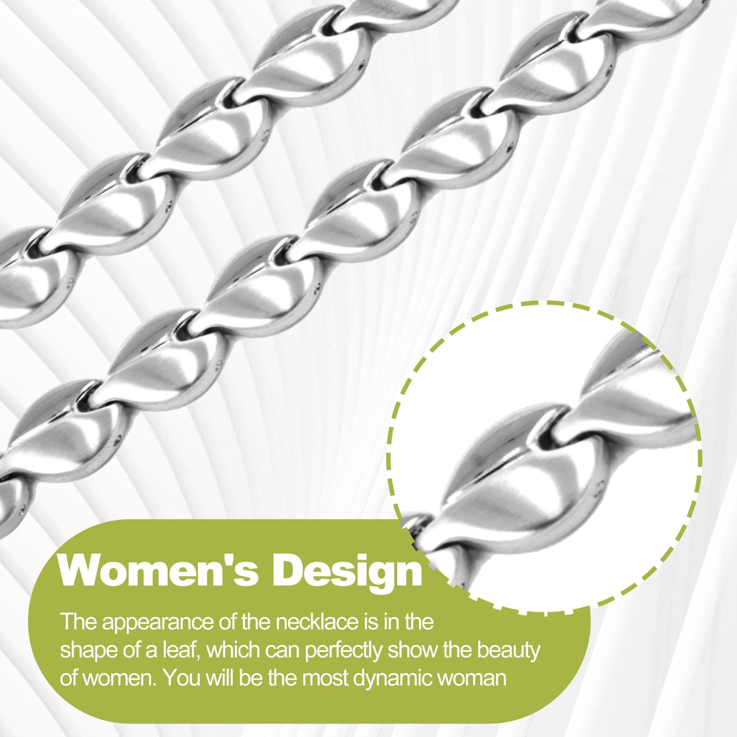 KYOSI Magnetic Necklace for Women, Stylish Leaf Pattern Links, Magnet Necklace with 3500 Gauss, Comfortable Daily Wear Jewelry Gift (Silver)
