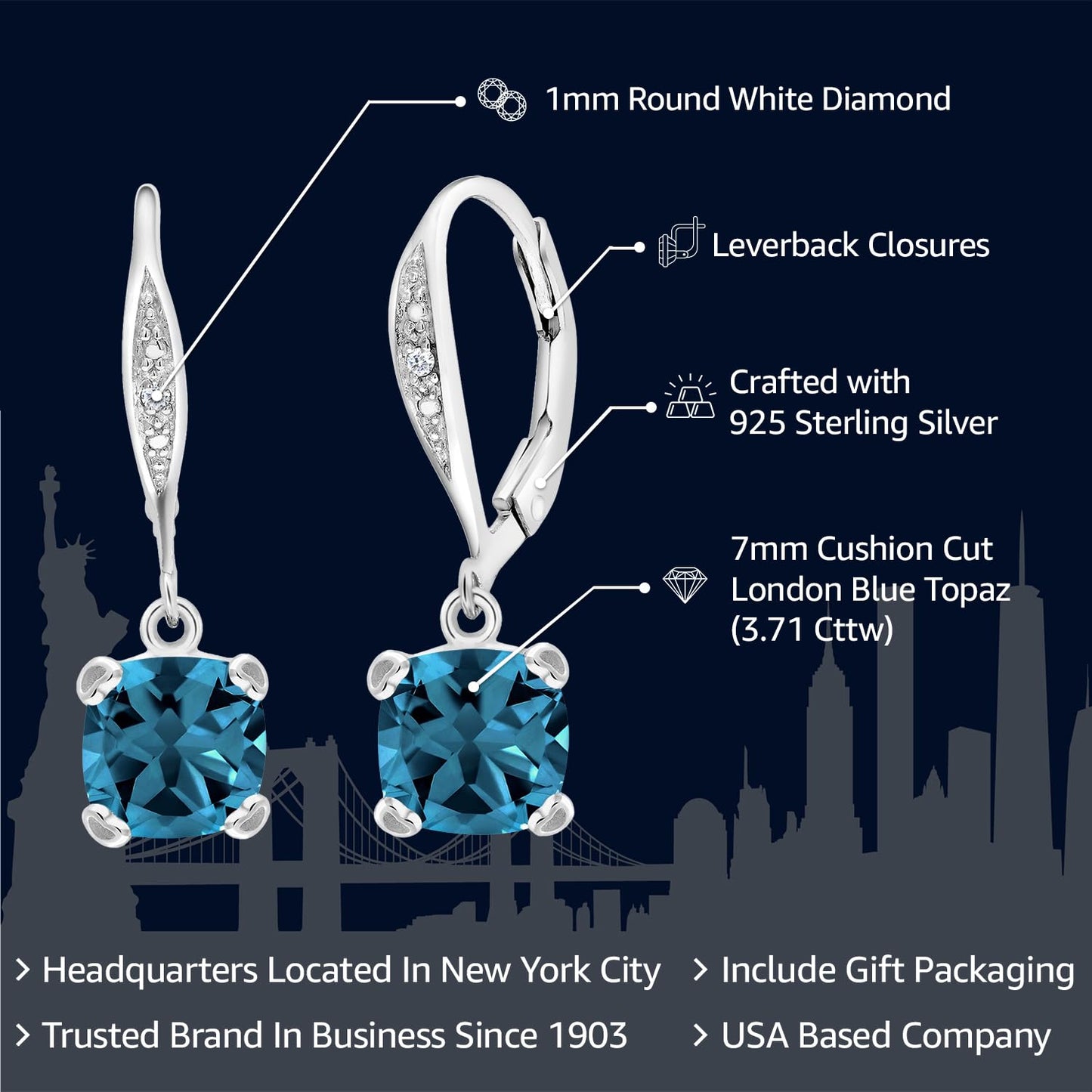 Gem Stone King Drop Dangle Earrings For Women | 7MM Cushion Cut Gemstone Birthstone and Diamond | 925 Sterling Silver | Jewelry Gift for Mom Wife Her | London Blue Topaz-November | Sterling Silver