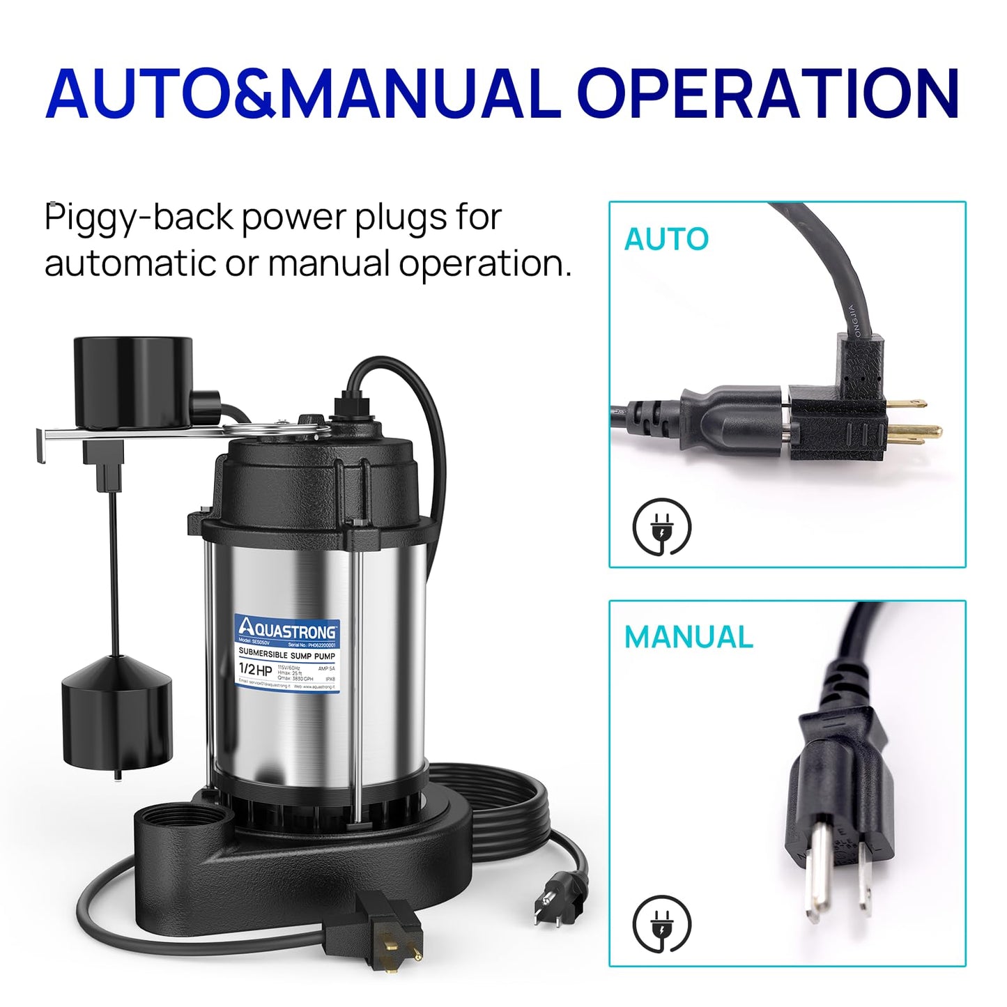 AQUASTRONG 1/2 HP Sump Pump Submersible, 3830 GPH Stainless Steel and Cast Iron Basement Water Pump, Automatic Integrated Vertical Float Switch with Piggy-back Plug,1-1/2" NPT Discharge Subpumps