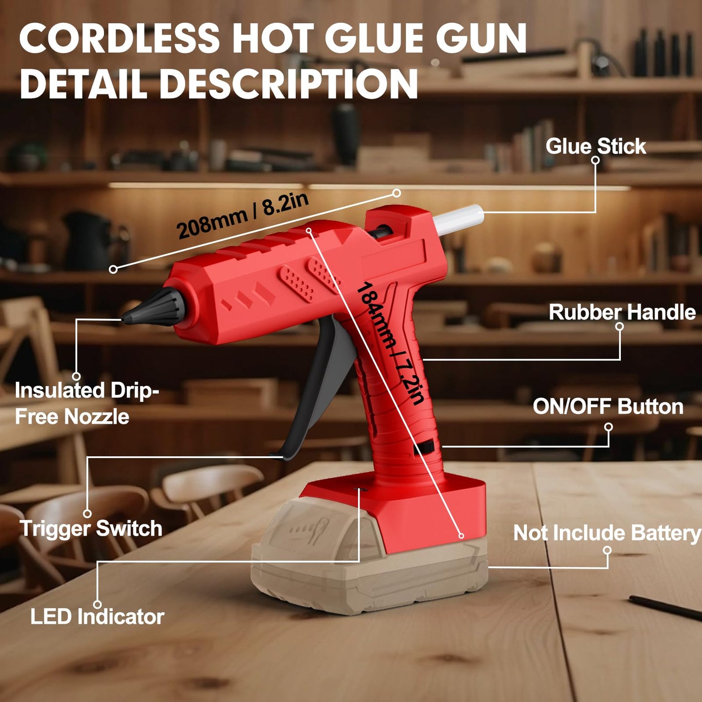 Cordless Hot Glue Gun for Milwaukee 18V Battery, 60W Full Size Craft Glue Gun, Handheld Hot Glue Gun Kit with 30pcs 0.43'' Glue Sticks for Home Repair Arts Crafts DIY(No Battery)
