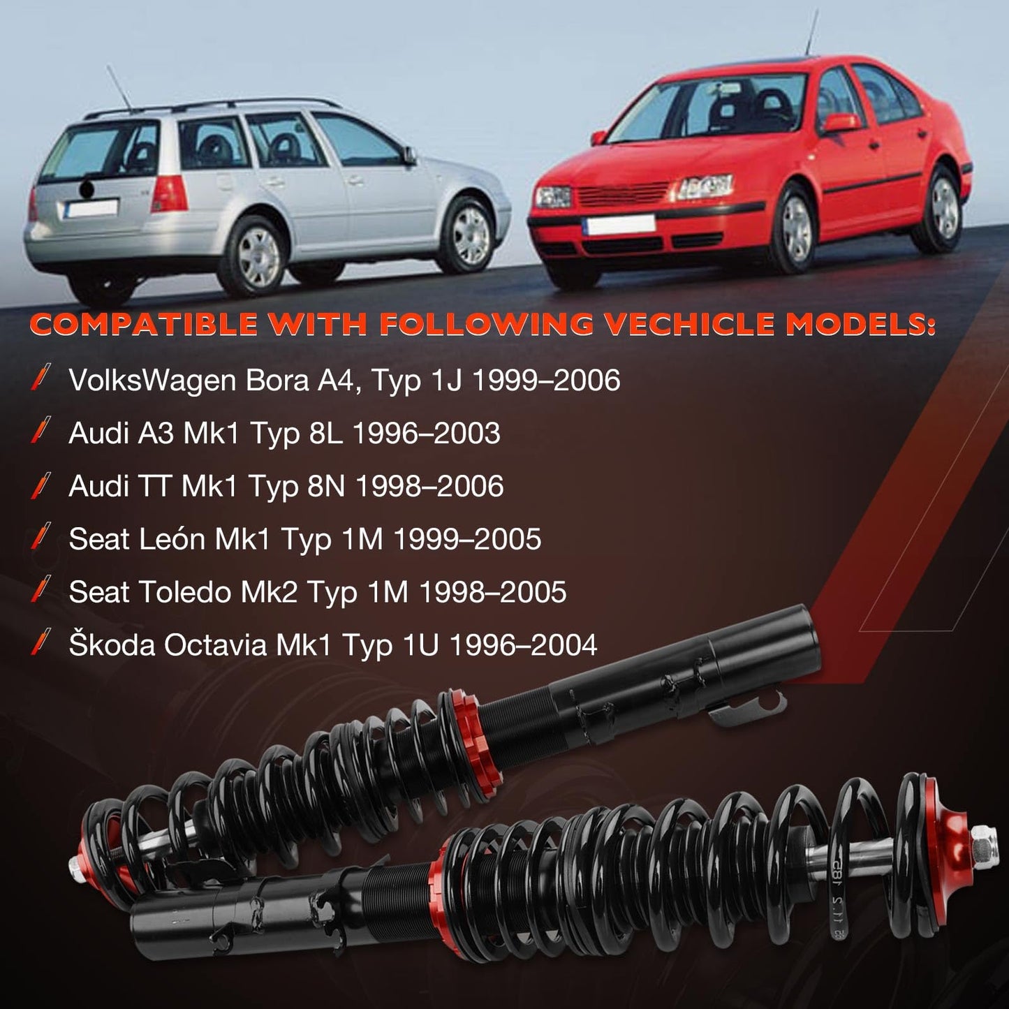 Front & Rear Coilover Suspension Kit, Height Adjustable Shocks & Struts Replacement for 1998-2005 Volkswagen Golf Mk4 Coilover 2WD Only A4 – Complete Coilovers Assembly(Red)