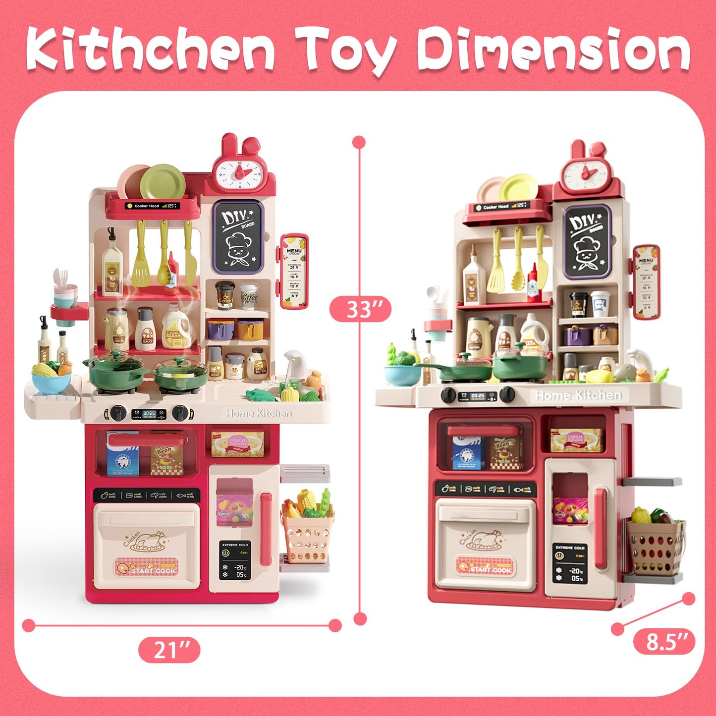 Hitish Kids Kitchen Playset Set, 63PCS Pretend Play Kitchen Toys for Toddlers, Cooking Stove with Steam Sound Light, Play Sink with Manual Faucet, Play Food Accessories Gift for Girls, 33’’H Red