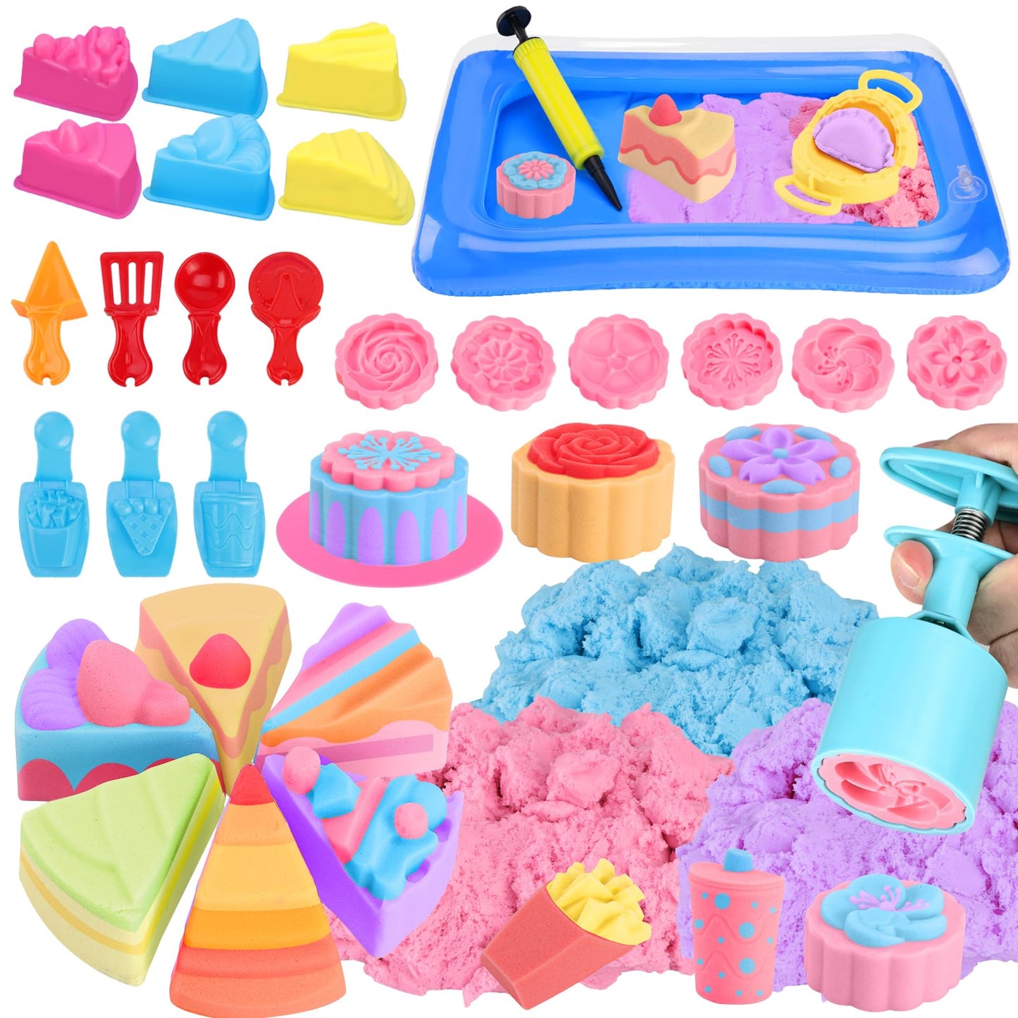 Crelloci Cake Play Sand Toys, Sensory Bin with 3 Colors Sand, Inflatable Sandbox & Air Pump, 12 Cake & 5 Shaped Molds, Tools, Art Kit Gift for Kids Toddlers Girls Boys Ages 3 4 5 6 7 8 9 Years Old