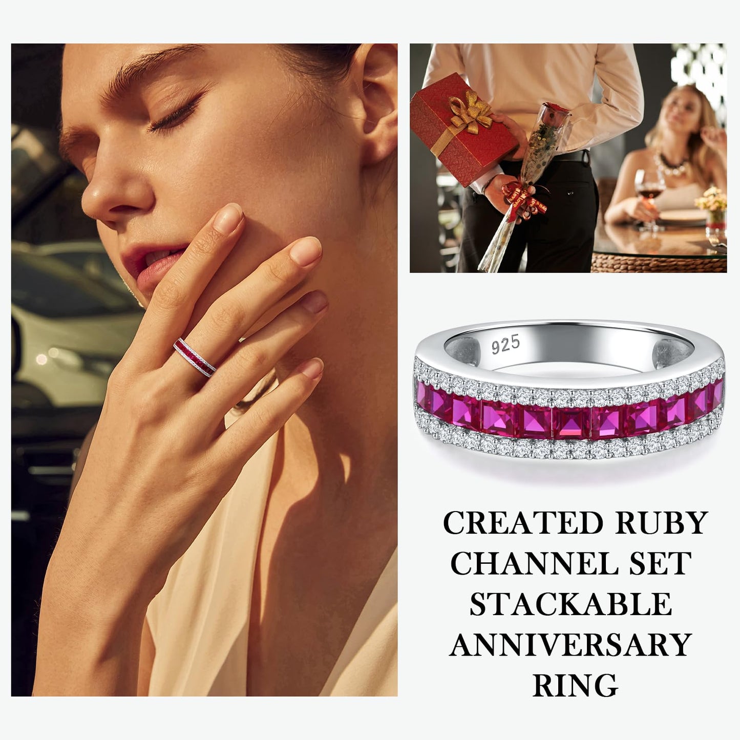 RANDES Red Ruby Half Eternity Band Ring for Women Sterling Silver Channel Set Wedding Band Thick Anniversary Ring for Her July Birthstone Ring Size 9.5