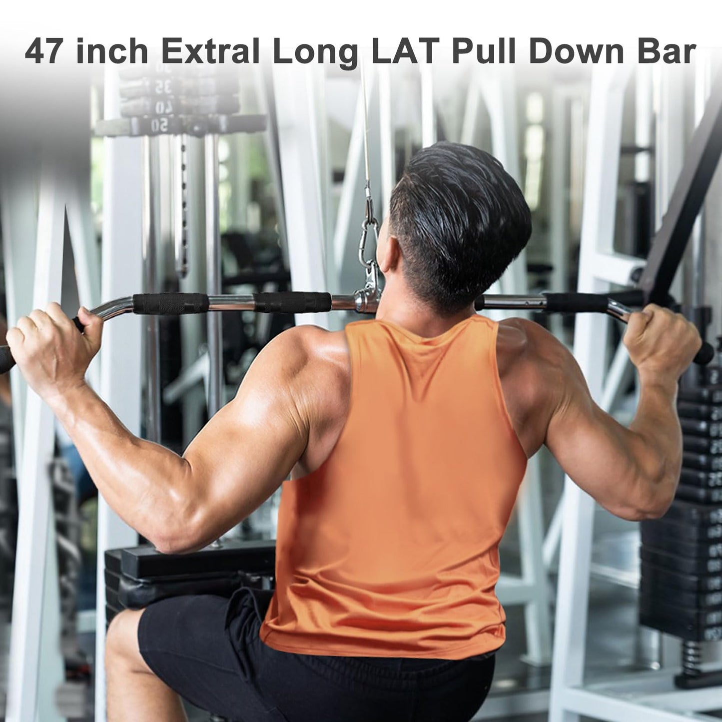 plzzree 47in LAT Pulldown Bar Attachment with Heavy Duty Solid Curl Bar, Full Rotation and Rubber Handle Strength Workout for Gym Home Pulley System Cable Attachments