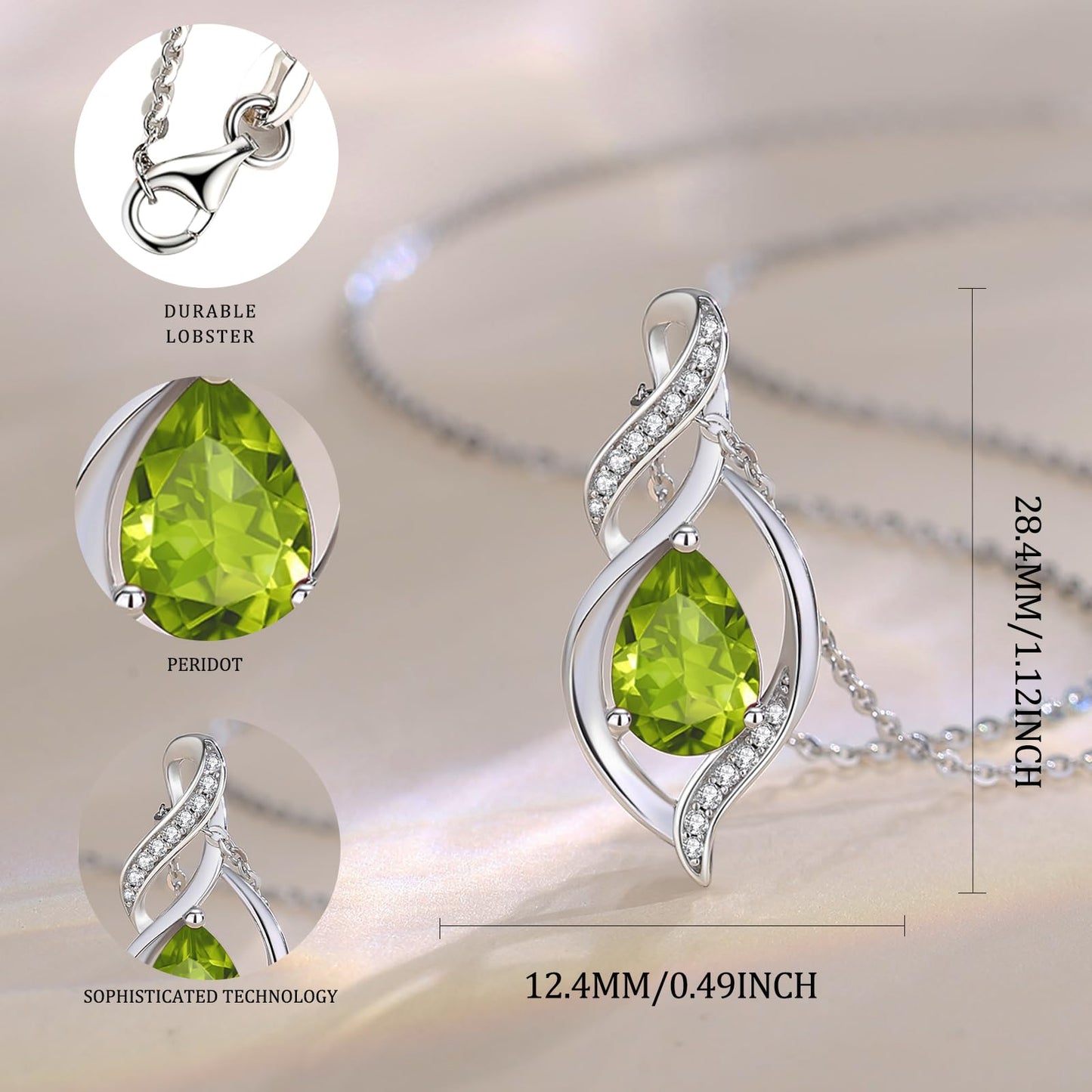 FANCIME August Birthstone Necklace for Women Peridot Teardrop Necklace Sterling Silver Infinity Love Birthday Gifts for Mom Women Her, 16"+2" Inches