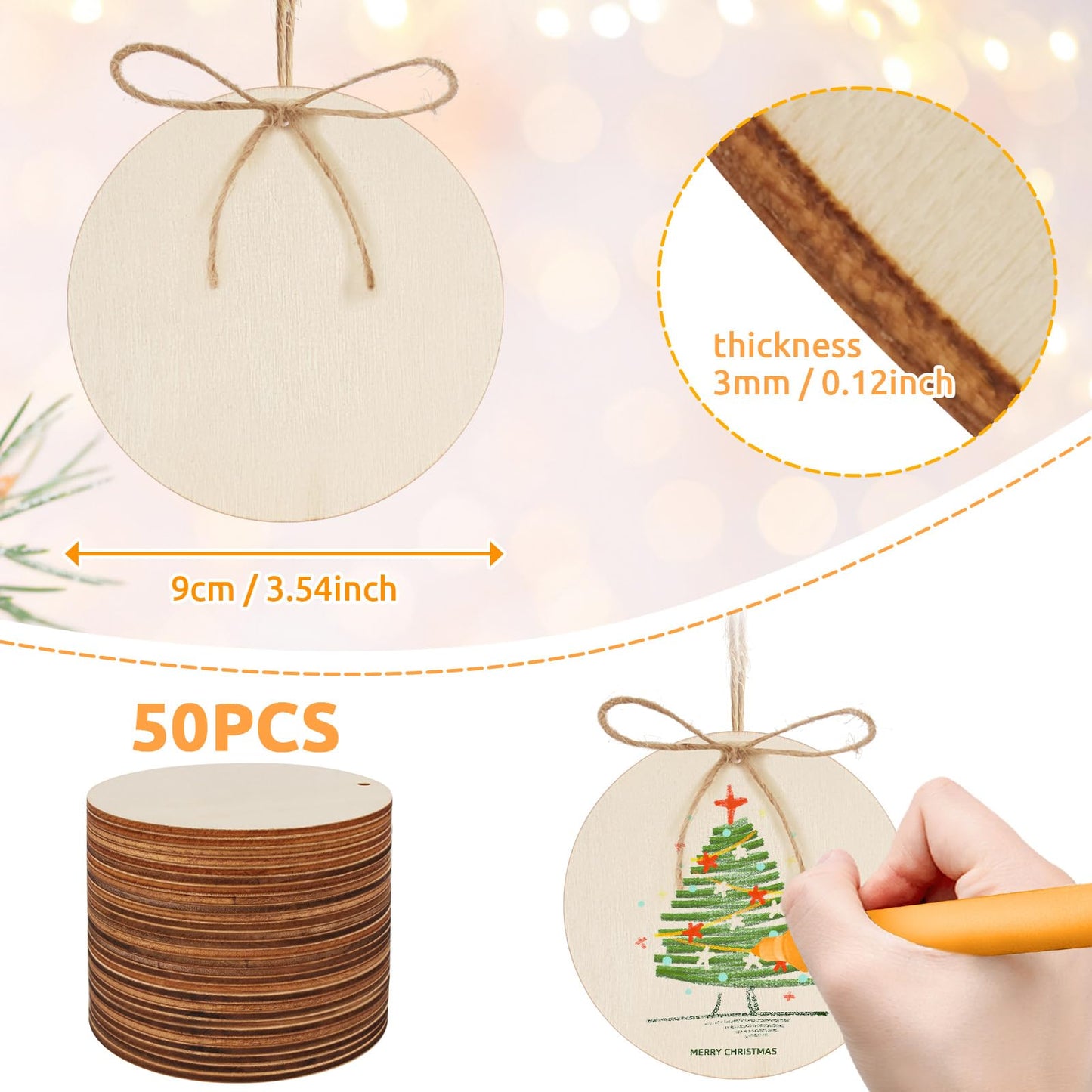 Philorn 50pcs Wooden Ornaments for Crafts 3.5" Unfinished DIY Wooden Ornaments, Predrilled Wood Slices Circles for Crafts Paint Holiday Hanging Decorations